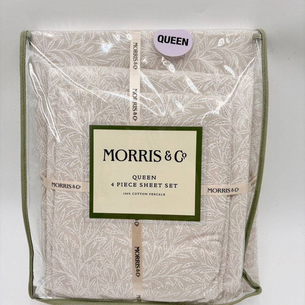 Morris & Co Queen 4 Piece Sheet Set 100% Cotton Percale Tan Botanical Leaf New